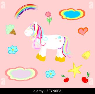 Bel pony bianco con manna e coda colorate arcobaleno, vettore in stile cartone animato con fiori, gelato, nuvole, stella, ciliegia, campana Illustrazione Vettoriale