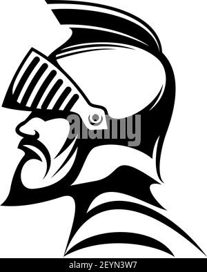 Cavaliere medievale in casco protettivo profilo vista laterale isolato. Vettore guerriero maschile in casco Illustrazione Vettoriale