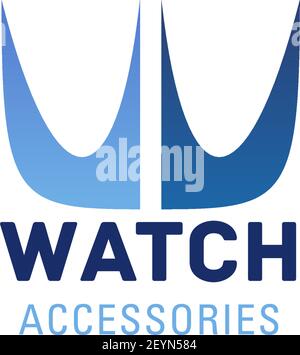 Cartello vettoriale per il negozio di accessori per orologi. Idea di design creativo per identità aziendale, colori blu. Icona dell'orologio creativo isolata su sfondo bianco. Fa Illustrazione Vettoriale