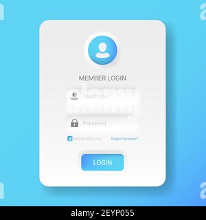 Menu di login dei membri in stile neomorfico o neomorfista, moderno kit UI UX 2020 minimalistico bianco, illustrazione vettoriale facile da modificare. Illustrazione Vettoriale