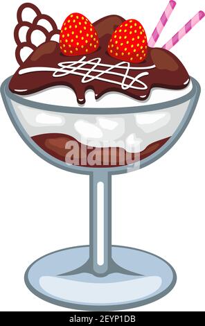 Gelato di sundae in una tazza di vetro isolata. Dessert vettoriale al cioccolato e alla vaniglia con lamponi, bastoncini di wafer Illustrazione Vettoriale