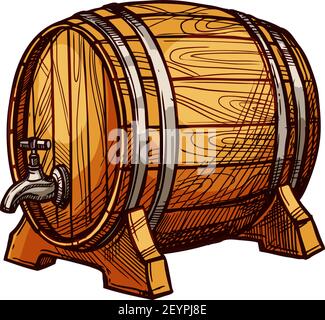 Barile con rubinetto, vino o birra bevande alcoliche fusto isolato. Contenitore di legno vettoriale con rubinetto Illustrazione Vettoriale