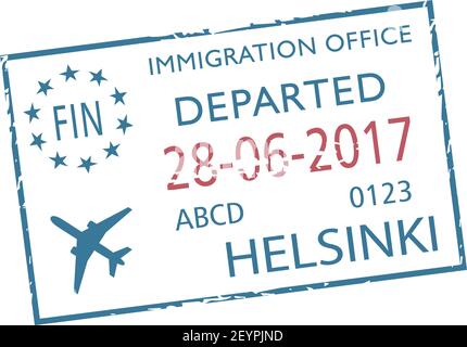 Partenza dal visto isolato di Helsinki. Modello del sigillo dell'ufficio immigrazione di Vector Finland con data e aereo Illustrazione Vettoriale