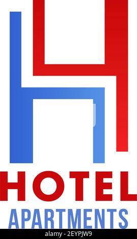 Icona dell'appartamento dell'hotel con lettera astratta H. carattere rosso e blu dell'identità aziendale dell'alfabeto maiuscolo H per l'emblema di un hotel o di un resort termale Illustrazione Vettoriale