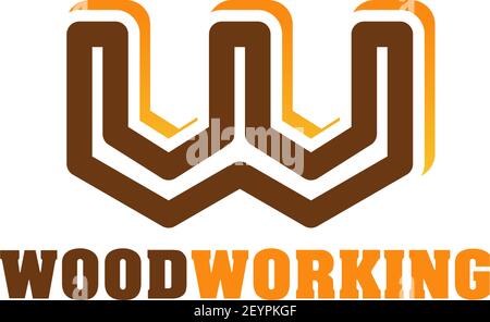 Icona lavorazione legno per carpenteria e legno marchio emblema design. Alfabeto marrone e arancione della lettera W. carattere di identità aziendale per timb Illustrazione Vettoriale