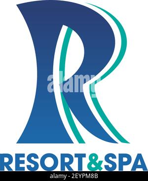 Icona del resort e della spa per il modello di biglietto da visita del salone di bellezza. Elegante carattere di identità aziendale della lettera blu R per hotel, agenzia di viaggi o centro di salute Illustrazione Vettoriale