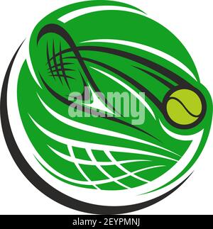 Icona vettoriale astratta con racchetta da tennis e palla. Emblema creativo di colore verde per il tennis club o la scuola. Badge per negozio sportivo o campione di tennis Illustrazione Vettoriale