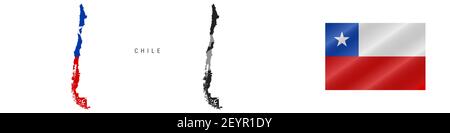 Cile. Mappa con bandiera mascherata. Silhouette dettagliata. Flag di ondulazione. Illustrazione isolata su bianco. Foto Stock
