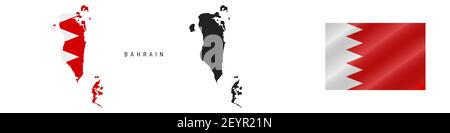 Bahrein. Mappa con bandiera mascherata. Silhouette dettagliata. Flag di ondulazione. Illustrazione isolata su bianco. Foto Stock