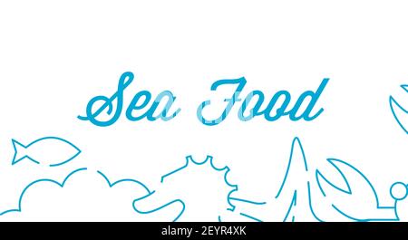 Emblema blu del cibo di mare. Confine delle creature marine. Illustrazione piatta isolata su bianco. Foto Stock