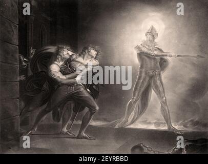 Johann Heinrich Füssli - Henry Fuseli - Shakespeare--Amleto--Principe di Danimarca ( 1796 ) Horatio, Marcellus, e il fantasma, sulla piattaforma davanti al Palazzo di Elsinor. Foto Stock