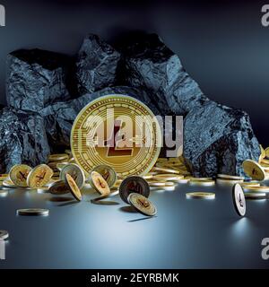 Moneta di moneta crypto Litecoin con diverse pile di monete in background Foto Stock