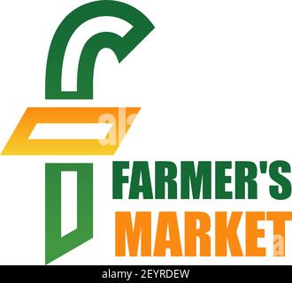 Simbolo vettore mercato agricoltori. Emblema creativo per il negozio di prodotti agricoli. Icona vettoriale dei colori arancione e verde. Badge per negozio di prodotti biologici o eco-alimentari. C Illustrazione Vettoriale