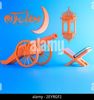 I cannoni Ramadan kareem sparati, l'esposizione di prodotti islamici mock-up su sfondo rosa. Podio, luna crescente, lanterna, confezione regalo. Ramadan, eid fitr adha, maw Foto Stock