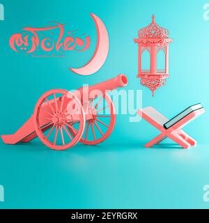 I cannoni Ramadan kareem sparati, l'esposizione di prodotti islamici mock-up su sfondo rosa. Podio, luna crescente, lanterna, confezione regalo. Ramadan, eid fitr adha, maw Foto Stock