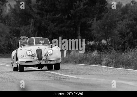 CAGLI , ITALIA - OTT 24 - 2020 : JAGUAR XK 120 se OTS 1954 su una vecchia auto da corsa nel rally Mille miglia 2020 la famosa corsa storica italiana (1927-195 Foto Stock