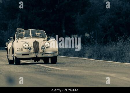 CAGLI , ITALIA - OTT 24 - 2020 : JAGUAR XK 120 se OTS 1954 su una vecchia auto da corsa nel rally Mille miglia 2020 la famosa corsa storica italiana (1927-195 Foto Stock