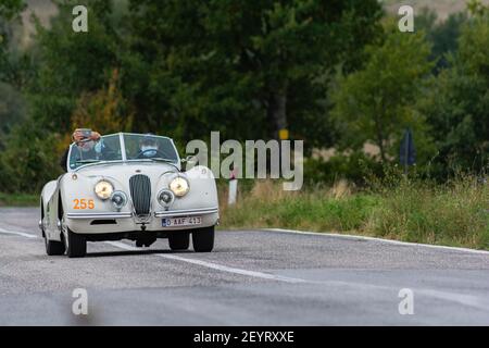 CAGLI , ITALIA - OTT 24 - 2020 : JAGUAR XK 120 se OTS 1954 su una vecchia auto da corsa nel rally Mille miglia 2020 la famosa corsa storica italiana (1927-195 Foto Stock