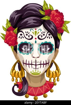 Donna in pittura Catrina Calavera cranio, messicano giorno di morte simbolo. Zucchero vettore faccia isolata Illustrazione Vettoriale