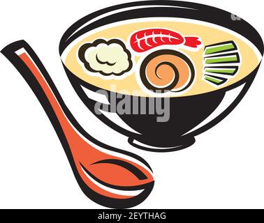 Zuppa giapponese con gamberi e riso isolati. Recipiente vettoriale e cucchiaio, piatto caldo con cipolla verde Illustrazione Vettoriale
