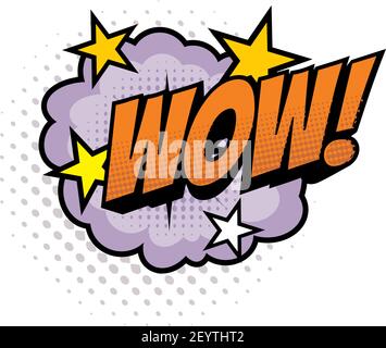 Sound Blast, Wow Bubble chat, fumetto icona cartone animato. Il punto esclamativo di Vector Wow suona la nuvola di esplosione e le stelle Illustrazione Vettoriale