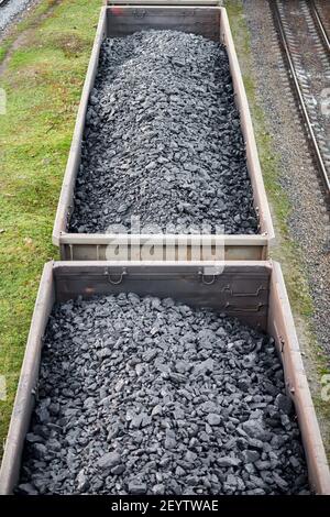 Vagoni ferroviari carichi di carbone. Trasporto treno di carbone, legno, combustibile. Vista dall'alto. Foto Stock