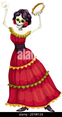 Ballerina messicana con cranio di catrina Calavera isolato. Donna vettoriale con tamburello, abito in Messico Illustrazione Vettoriale