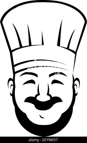 Allegro chef line art illustrazione vettoriale. Buon fornello in abbozzo di penna di cappello dello chef. Confettiera, panettiere con disegno del contorno della barba. Panetteria, ristorante Illustrazione Vettoriale