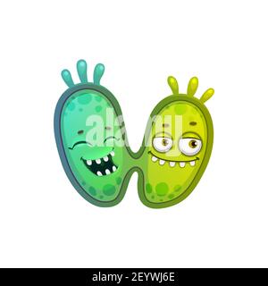 Le cellule del virus nella mitosi hanno isolato il microrganismo dei batteri divisori. Virus vettore moltiplicare in stile cartoon, ridendo germi mostri emoticon. Antibiotico Illustrazione Vettoriale