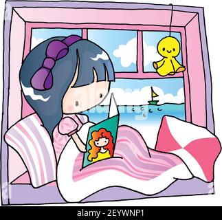 vettore cartoon ragazza lettura a letto Illustrazione Vettoriale