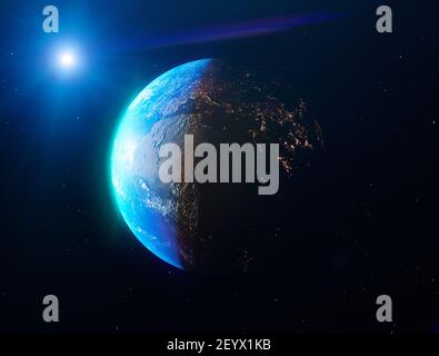 Vista satellitare della Terra vista dallo spazio. Il sorgere del sole su l'Europa e Nord Africa. Città illuminate nella notte. Sunrise Foto Stock