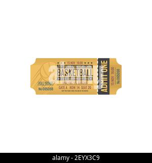 Biglietto per la partita di pallacanestro, ingresso nell'arena centrale della città, ingresso ammesso uno. Vettore mockup di biglietto d'invito retro su evento sportivo, campionato di stato finale. Illustrazione Vettoriale