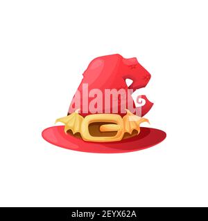 Icona vettoriale del cappello di strega del cartone animato, capo mago rosso con fibbia dorata, ali del drago e tessuto della pelle. Cappellino di mago, costume di Halloween isolato su whit Illustrazione Vettoriale