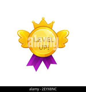Level up ui o gui medaglia di gioco su nastro decorato da ali, corona isolato icona di cartone animato piatto. Adesivo Vector Rewards per Achievement, applicazione mobile Illustrazione Vettoriale