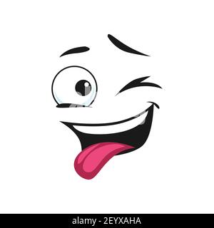 Faccia sorridente che mostra la lingua mentre brulica l'occhio che lampeggia l'emoticon isolato. Emoji allegro vettoriale naughty di buon umore, espressione facciale positiva, Illustrazione Vettoriale