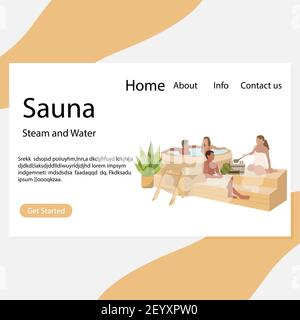 Landing page sauna, vapore e acqua relax. Terapia vettoriale in camera calda, la gente riposa panca di legno cartoon illustrazione Illustrazione Vettoriale