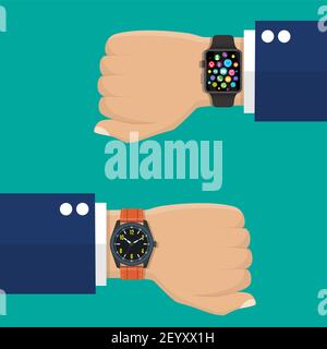Orologio analogico e orologio intelligente sulla mano di un uomo d'affari Illustrazione Vettoriale