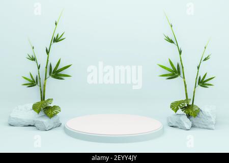 Azzurro tropicale Podio geometrico e bambù decorazione giapponese rendering .3D Foto Stock