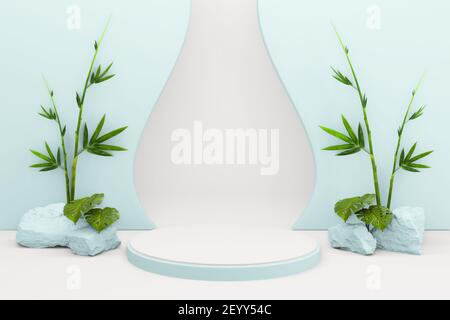 Azzurro tropicale Podio geometrico e bambù decorazione giapponese rendering .3D Foto Stock