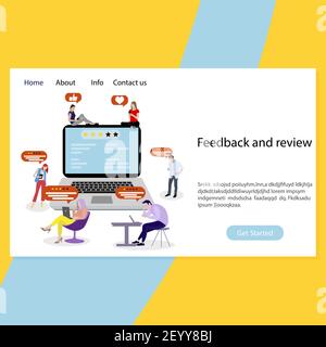 Feedback e recensione landing page, notebook con servizio tariffario. Le stelle si classificano in base ai commenti e ai marchi dei clienti. Punteggio dei risultati e revisione, rappresentante in classifica Illustrazione Vettoriale