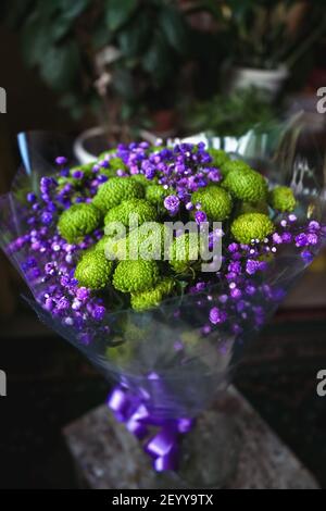 bouquet di fiori di primavera fiori verdi crisantemi e gypsophila viola Foto Stock