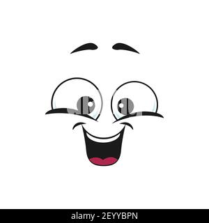 Happy cartoon faccia isolato vettore icona, ampio sorriso emotji viso. Emozione divertente, faccia comica con bocca sorridente e occhi rotondi isolati su bianco Illustrazione Vettoriale