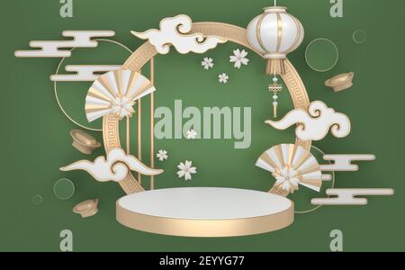 Il Podio tropicale geometrico e decorazione giapponese di bambù rendering .3D Foto Stock