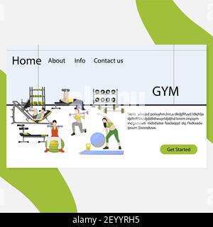 Pagina di destinazione della palestra. Vector sport allenamento per la salute, fitness stile di vita cartone animato, attività di illustrazione del corpo, palestra interna con attrezzature sportive per il workou Illustrazione Vettoriale