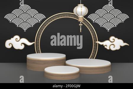 podio in legno in oro nero e decorazioni in stile giapponese. Rendering 3D Foto Stock