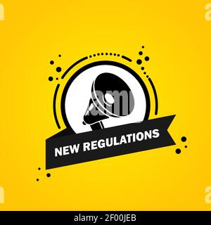 Megafono con il banner delle nuove regole della bolla del discorso. Altoparlante. Etichetta per il commercio, il marketing e la pubblicità. Vettore su sfondo isolato. EPS 10 Illustrazione Vettoriale