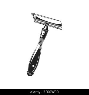 Rasoio di rasatura di sicurezza a doppio bordo cromato o icona monocromatica isolata. Supporto per lame Vector vintage con manico in metallo. Rasoio vecchio stile dalla macchia Illustrazione Vettoriale