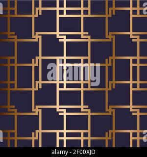 Vettore astratto motivo geometrico senza cuciture dorato con strisce orizzontali, verticali incrociate, recangoli, ornamento cinese. Sfondo blu. Illustrazione Vettoriale