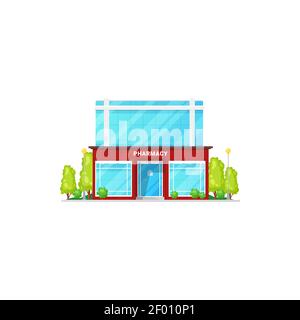 Farmacia commerciale shopfront isolato cartone stile modello farmacia. Architettura della città vettoriale, moderna pills shop esterno con alberi verdi. Pharma Illustrazione Vettoriale