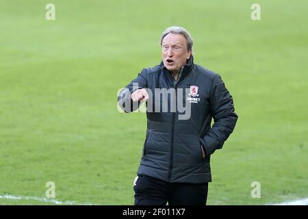 Swansea, Regno Unito. 06 marzo 2021. Neil Warnock, il manager di Middlesbrough reagisce alla partita di campionato .EFL Skybet, Swansea City contro Middlesbrough al Liberty Stadium di Swansea sabato 6 marzo 2021. Questa immagine può essere utilizzata solo per scopi editoriali. Solo per uso editoriale, è richiesta una licenza per uso commerciale. Nessun utilizzo nelle scommesse, nei giochi o nelle pubblicazioni di un singolo club/campionato/giocatore. pic di Andrew Orchard/Andrew Orchard sports photography/Alamy Live news Credit: Andrew Orchard sports photography/Alamy Live News Foto Stock